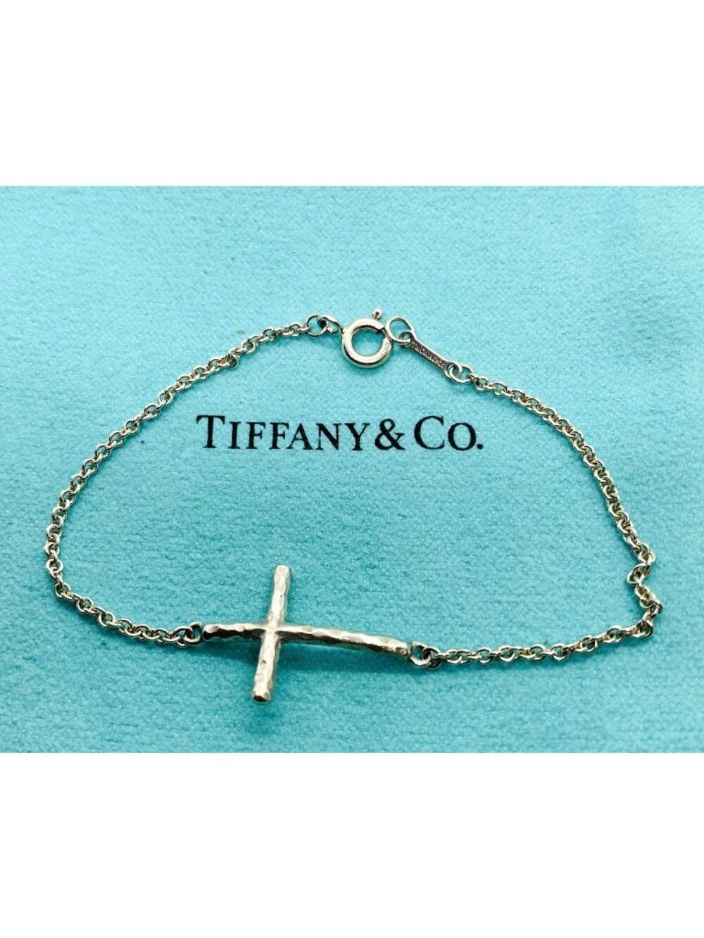 Tiffany & Co Picasso Silver Hammered Sideway Horizontal Cross Bracelet 6.25”